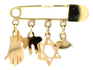 14k Gold Brooch With Charms: Hand Butterfly Star of David Evil Eye