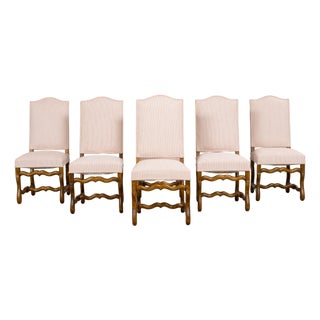 Antique French Louis XIII Style Os De Mouton Oak Dining Chairs in Blush Pink Stripe - Set of 6 For Sale