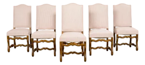 Antique French Louis XIII Style Os De Mouton Oak Dining Chairs in Blush Pink Stripe - Set of 6