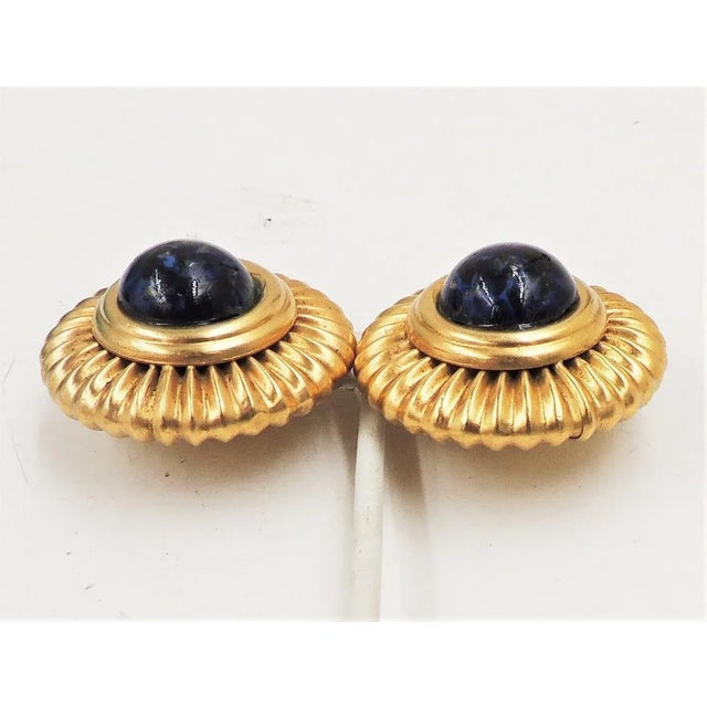 1980s Vintage Pellini Italy Big Cabochon Faux-Lapis Clip Earrings - 2 Pieces For Sale - Image 5 of 11