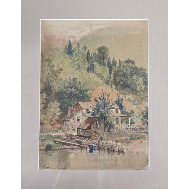 A beautiful watercolor or gouache painting of a mountainous landscape in the background with a house and mill on the side...