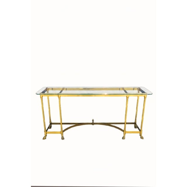 Vintage Italian Brass Hooved Feet Glass Top Mid Century Modern Traditional Console Table For Sale - Image 10 of 12