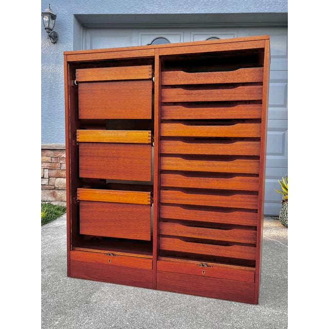 Danish Mid Century Teak Double Highboy Lock + Key Tambour File Cabinet For Sale In Tampa - Image 6 of 18