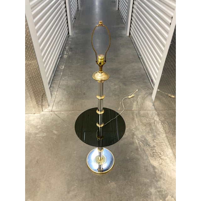 Modernist Faux Bamboo Chrome & Brass Floor Lamp With Glass Tray Table in Mastercraft For Sale - Image 9 of 13