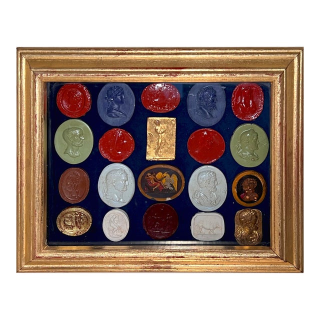 Italian Giltwood Shadow Box With Multicolor Grand Tour Neoclassical Intaglios and Cameos For Sale