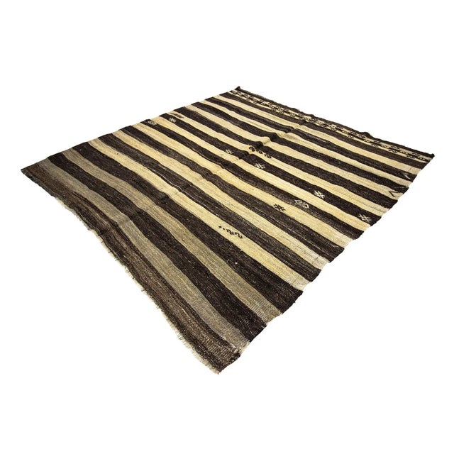 Striped Ivory & Brown Natural Kilim Rug-6'8'x7'1" For Sale - Image 4 of 7