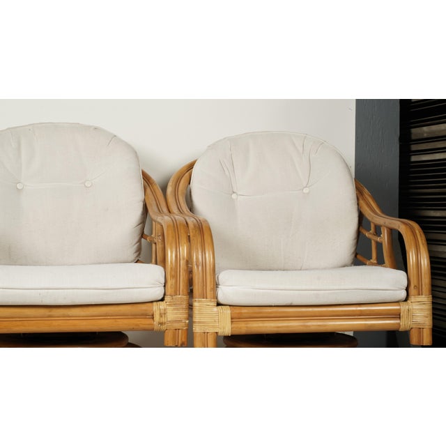 1970s Set of Four Vintage Coastal Rattan Swivel Lounge Chairs on Casters With Original Cushions For Sale - Image 5 of 7