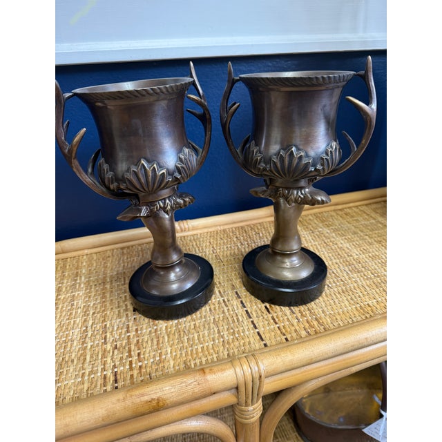 Metal Vintage Brass Deer Urns With Antique Brass Finish, a Pair For Sale - Image 7 of 8