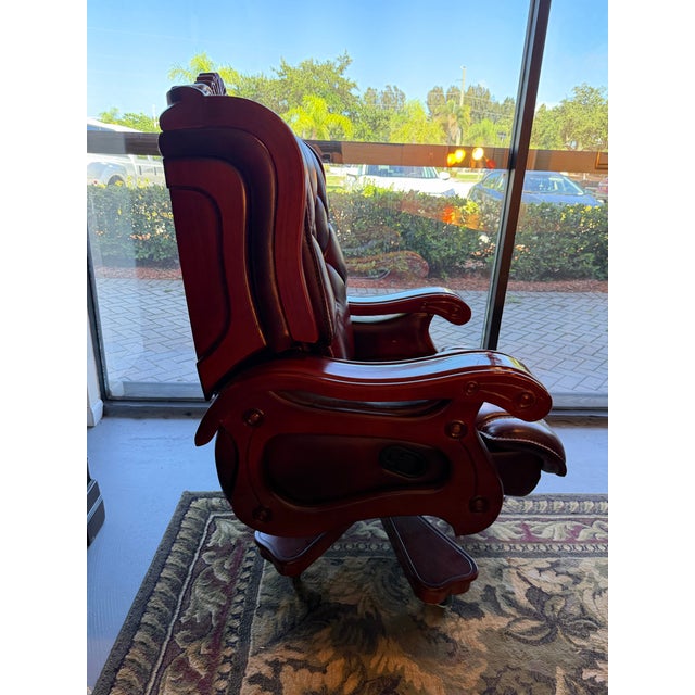 Late 20th Century Vintage Presidential Tufted Oxblood Leather & Mahogany Reclining Executive Swivel Office Chair For Sale - Image 5 of 8