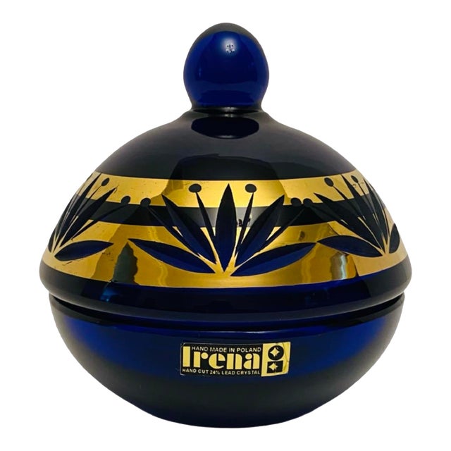 Early 20th Century Art Deco Irene Cobalt Blue Glass Lidded Dish For Sale