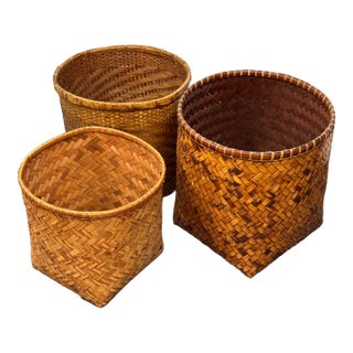 Vintage Handwoven Wicker Baskets, Set of Three For Sale