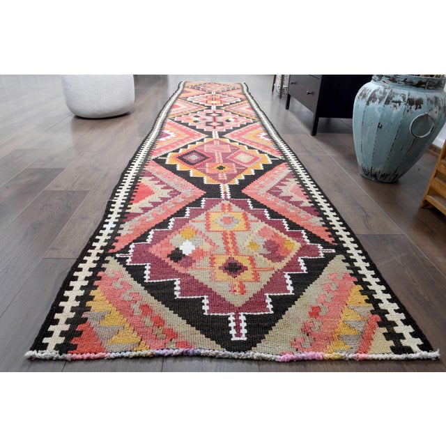 1970s Vintage Turkish Handmade Wool Cotton Orange Runner Rug For Sale - Image 10 of 11