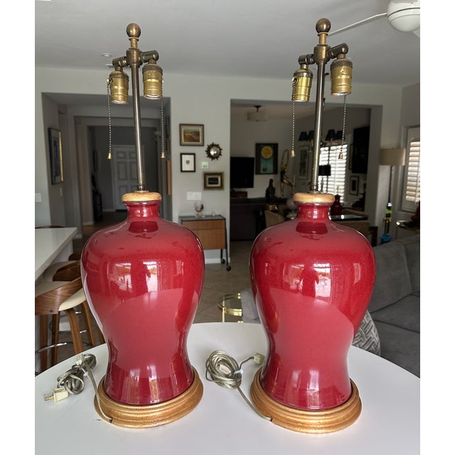 1960s Pair Asian Sang De Boeuf Oxblood Meiping Porcelain Table Lamps For Sale - Image 9 of 18