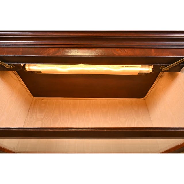 Wood 1940s Charak Furniture Georgian Carved Flame Mahogany Lighted Breakfront Bookcase Cabinet With Secretary Desk For Sale - Image 7 of 8