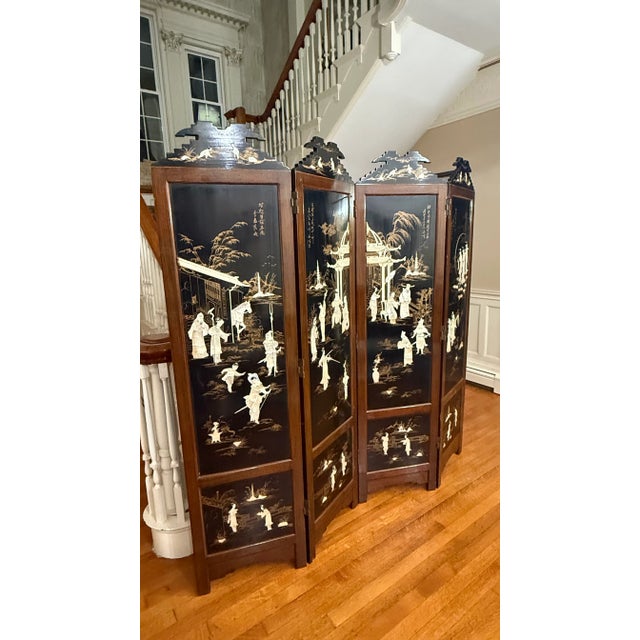 Chinese Vintage Chinese Coromandel Screen With Carved Mother-of-Pearl Inlay For Sale - Image 3 of 6