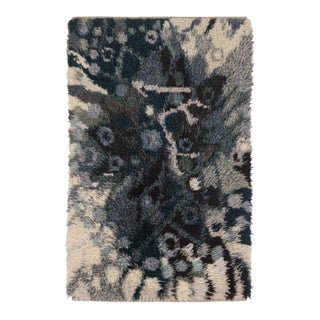 Vintage Swedish Rya Rug With Teal and Cream Abstract Pattern - Rug & Kilim For Sale