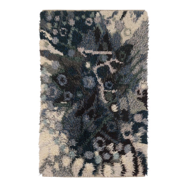 Vintage Swedish Rya Rug With Teal and Cream Abstract Pattern - Rug & Kilim For Sale