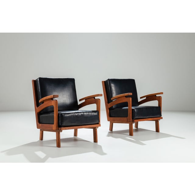 Mid-Century Modern Belgian Lounge Chairs in Oak with Leather Cushions, 1960s, Set of 2 For Sale - Image 3 of 17
