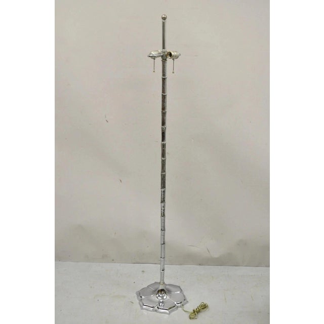Vintage Hollywood Regency Faux Bois/Faux Bamboo Chrome Silver Lotus Base Pole Floor Lamp. Circa Mid 20th Century....
