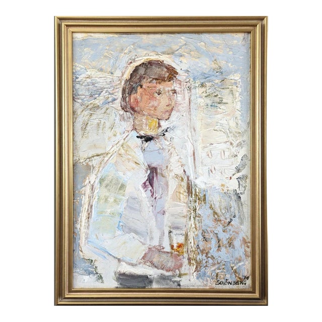 1976 Mid-Century Modern "At Your Service" Vintage Figurative Oil Painting, Framed For Sale