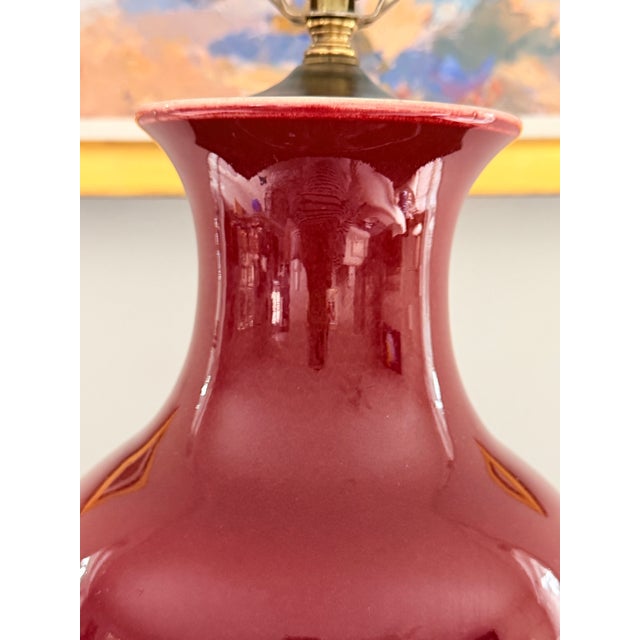 Tall Sang De Boeuf Oxblood Red Chinese Porcelain Lamp With Shade For Sale - Image 4 of 10