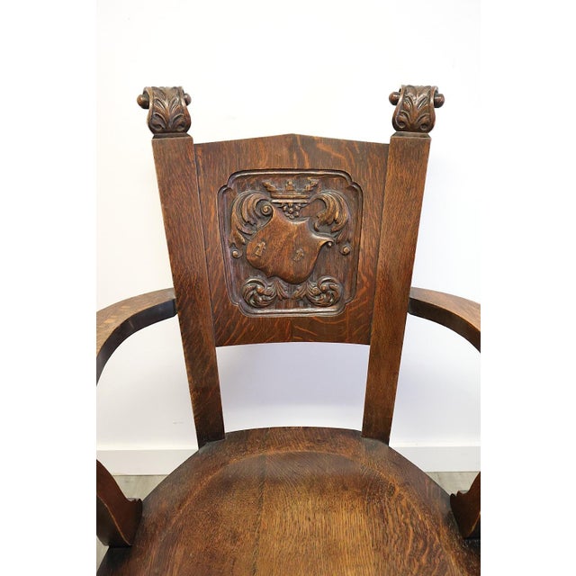 Antique Jacobean Revival Carved Oak Heraldic Armchair, Circa 1900 For Sale - Image 4 of 11