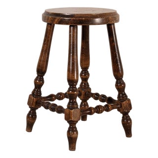 1930s French Oak Round Joint Stool With Stretchers For Sale
