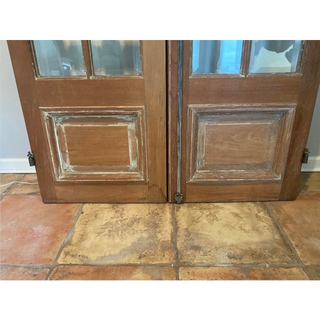 1920s Antique Tall French Doors Beveled Glass With Fan Light Semi Circle Arch Window For Sale - Image 5 of 17