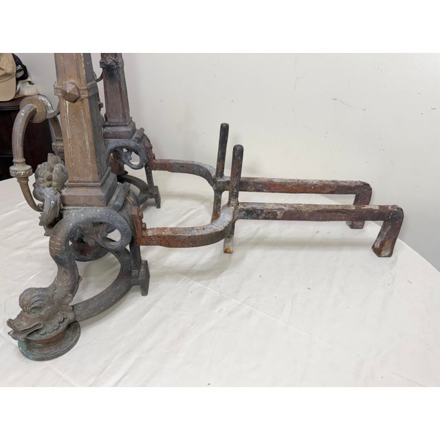 Large Pair of Antique Ornate Victorian Bronze Dolphin Cherub Fireplace Andirons For Sale - Image 12 of 14