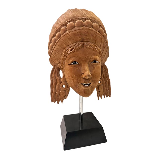 Carved Wood Figural Head With Headdress on Stand For Sale
