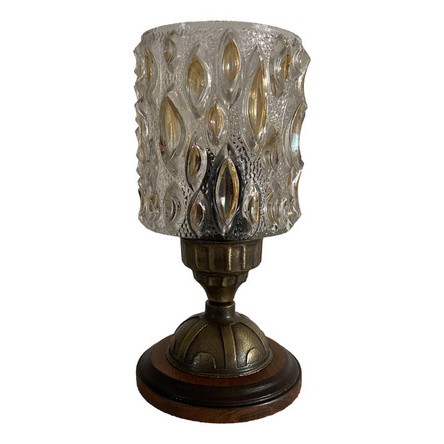 Amber Pressed Glass Table Lamp with Wooden Base, 1970s For Sale