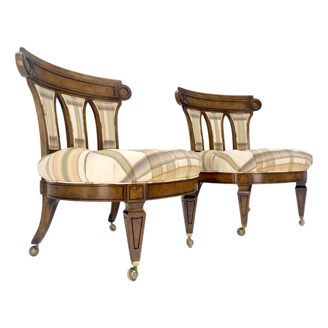 Pair of Tufted Seats Burl Wood Back Oval Seats Slipper Chairs on Caters MINT For Sale