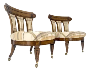 Pair of Tufted Seats Burl Wood Back Oval Seats Slipper Chairs on Caters MINT