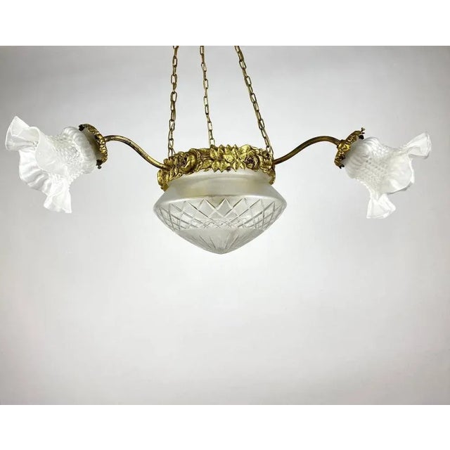 3-Arm Chandelier with Glass Shades and Brass Fitting For Sale - Image 5 of 11