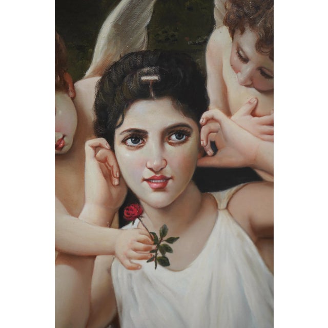 1970s Large Framed Oil Print on Canvas of Girl & Cherubs For Sale - Image 5 of 12