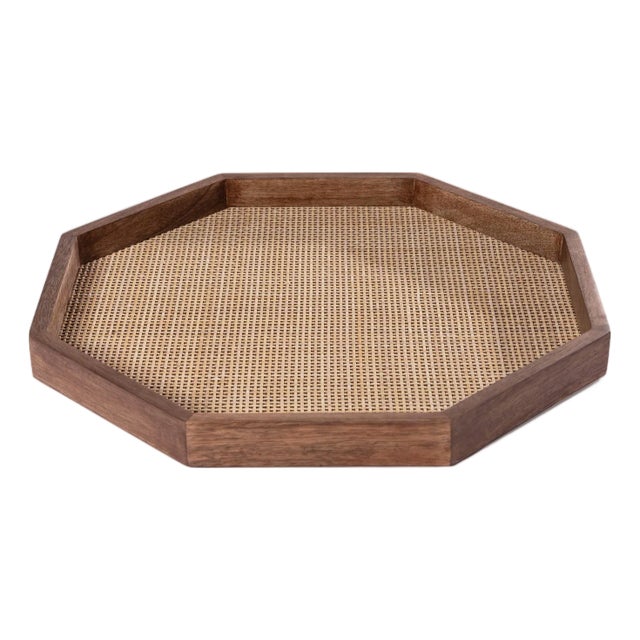 Banyan Mango Wood with Rattan Inlay Octagonal Tray, Small For Sale