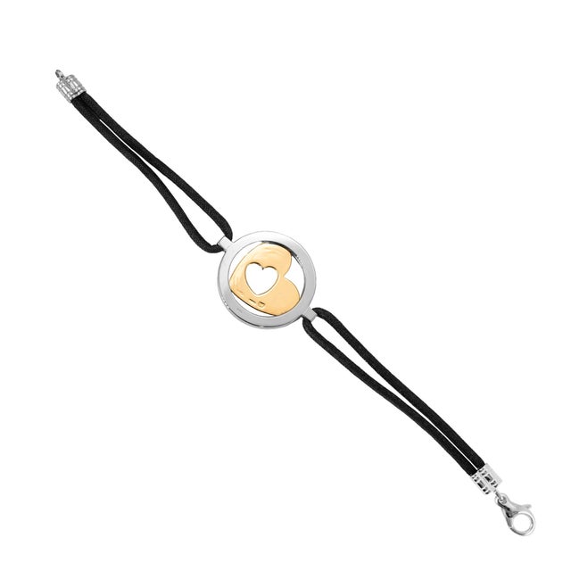 Bvlgari Tondo 18k Yellow Gold Steel Black Leather Two Tone Heart Bracelet For Sale - Image 4 of 8