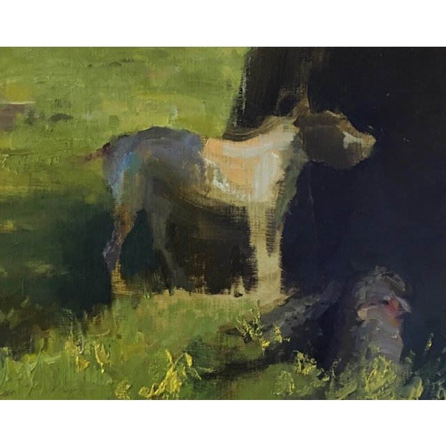Shade by Jason Sacran | Oil on panel Dog standing in a grassy area with shadows. For Sale