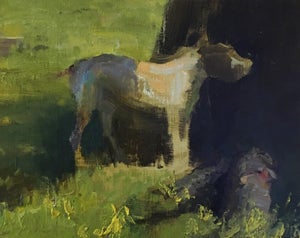 Shade by Jason Sacran | Oil on panel Dog standing in a grassy area with shadows.