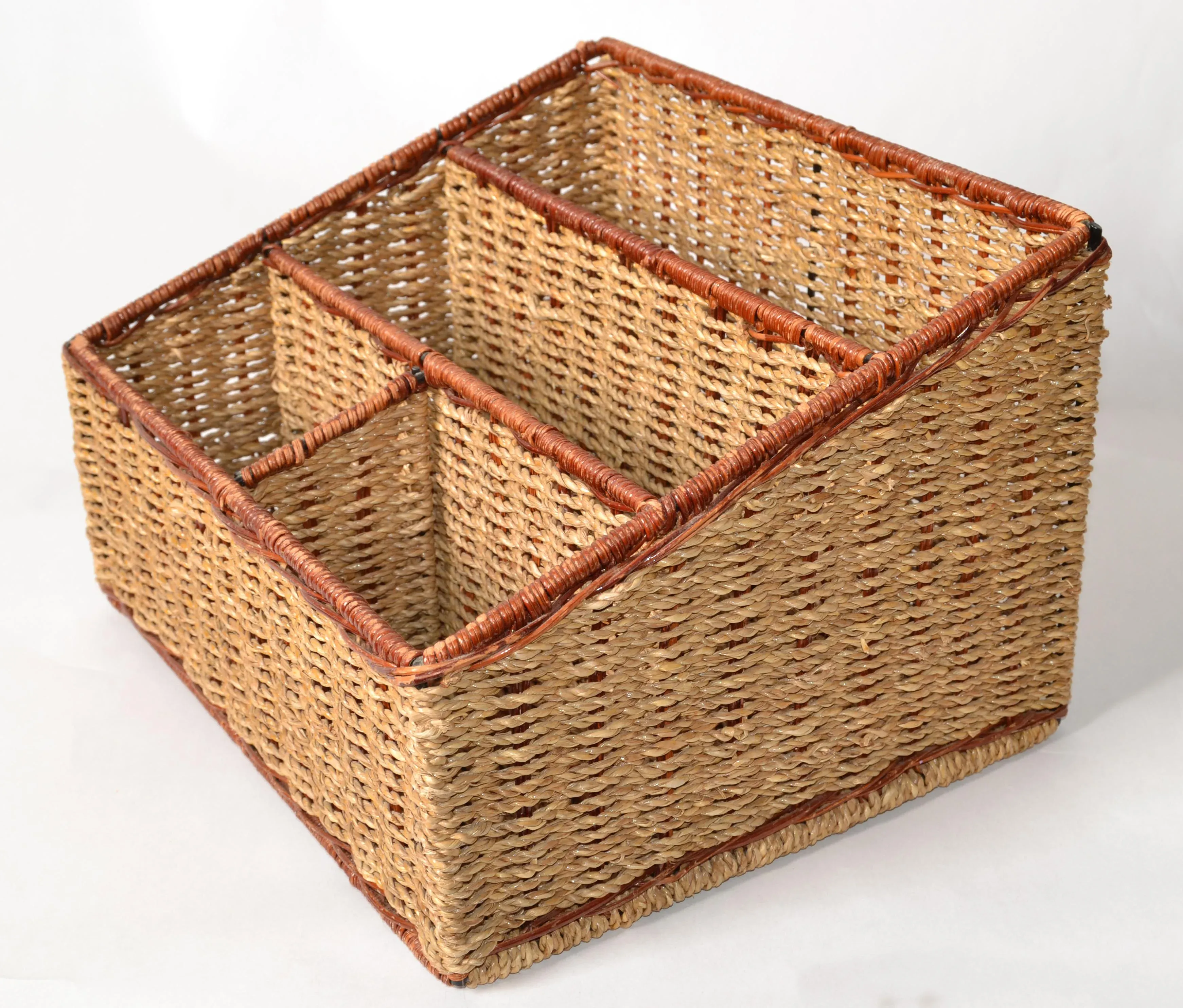 BTSKY Seagrass Desk Organizer - Handmade Woven 4-Compartment Caddy For Office Supplies, Mail, Cosmetics