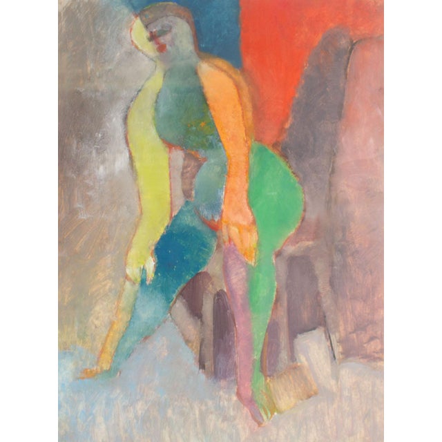 An oil on paper abstract painting by American artist Walter Stomps (1929-2020). The painting depicts a brightly colored...