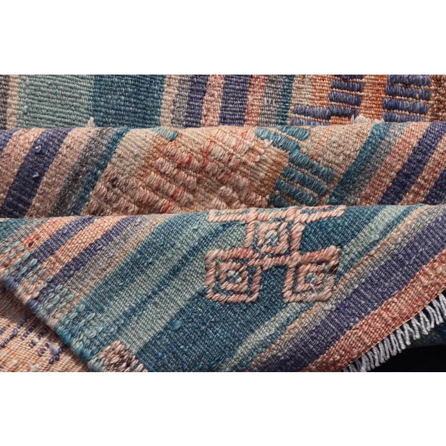 Mid 20th Century Stripe Design Turkish Vintage Flat-Weave Rug in Light Green Purple and Peach For Sale - Image 9 of 10