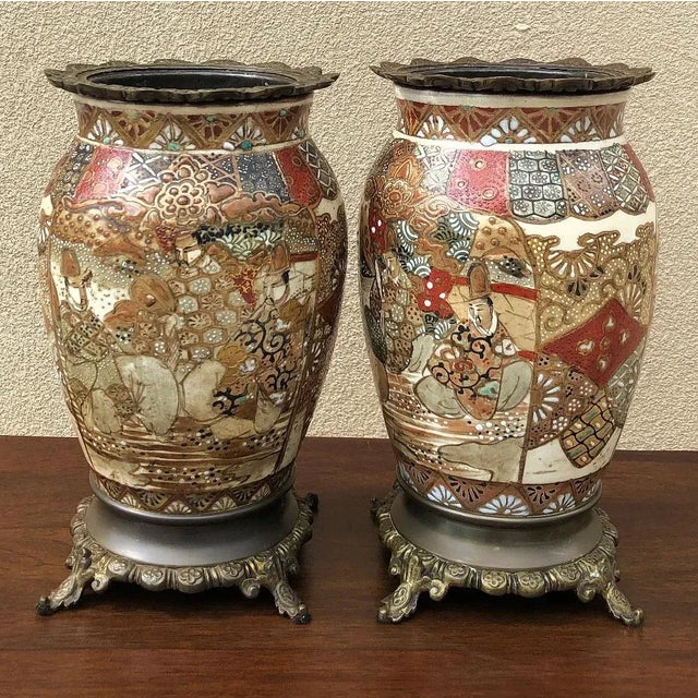 Asian Antique 19th Century Oriental Satsuma Vases Ca. 1880 - a Pair For Sale - Image 3 of 13