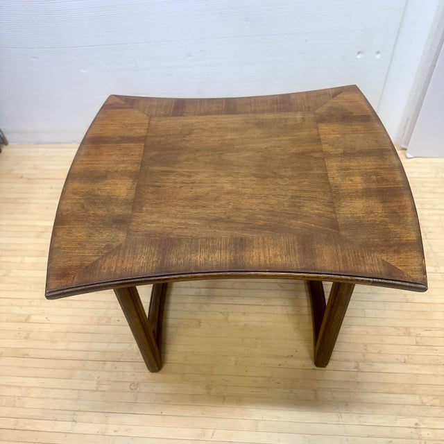 Circa 1970s. Arched form with inlaid parquetry design. Condition: Very good++ vintage condition with minor wear consistent...