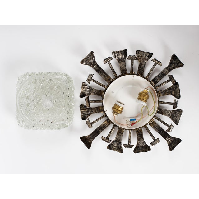 1950s Spanish Brutalist Flush Mount Ceiling Light – Silvered Wrought Iron & Heavy Embossed Glass For Sale - Image 9 of 14