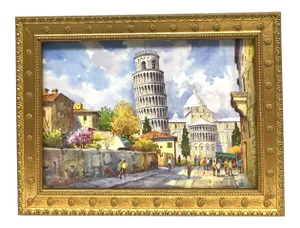 Vintage Postcard Depicting Pisa Italy Framed in Gold Gilded Wood With Glass