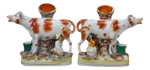 2 Antique 19th C. Staffordshire Flatback Porcelain Cow Milkmaid Spill Vase Pair