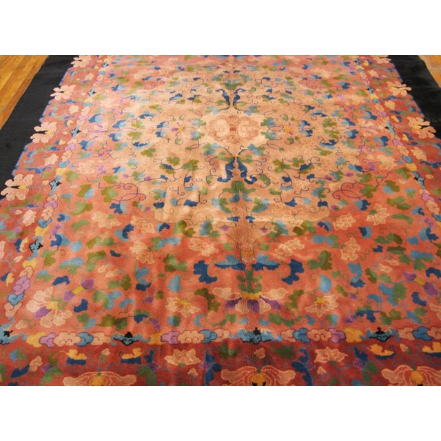 1930s Pink Rose Floral Antique Chinese Art Deco Rug 9'x 11' 8" Handknotted Wool Carpet For Sale - Image 4 of 6