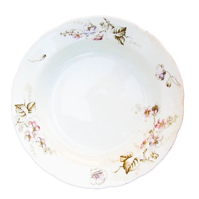 A lovely pair of large ironstone decorative bowls adorned with beautiful sprays of pink dogwood blossoms and green...