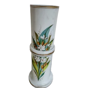 19th Century French Bamboo Form Hand Painted White Opaline Vase With Flowers and Gold Trim Ii